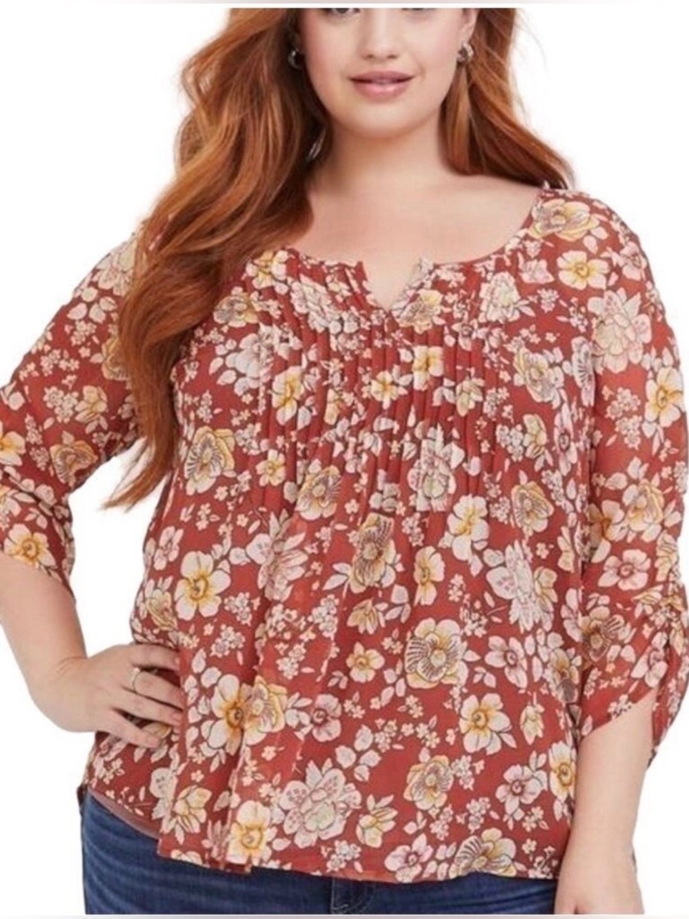 Torrid 1 rust chiffon floral pintuck blouse 1x 14-16 Curvy Girl Feminine